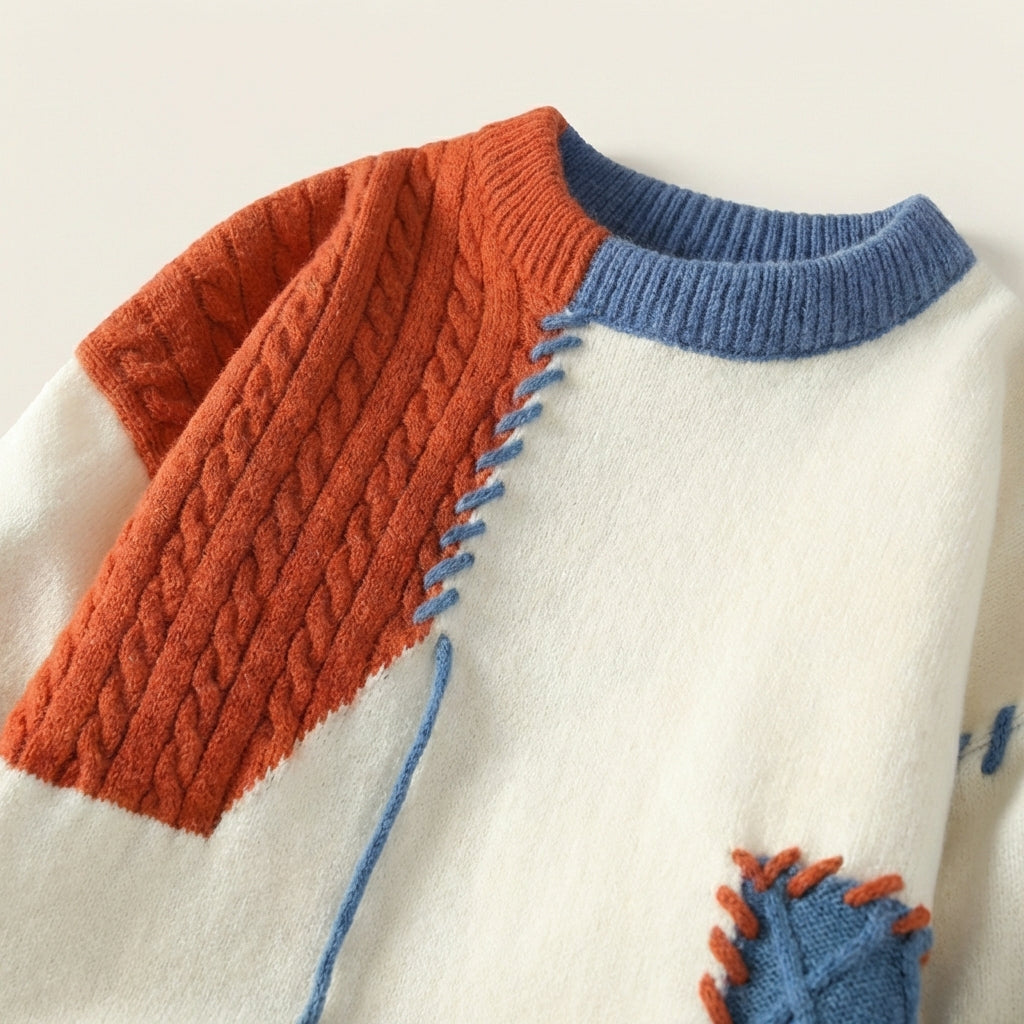 Men’s Sweater Crew Neck Asymmetric Patchwork Design