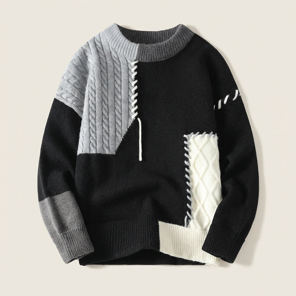 Men’s Sweater Crew Neck Asymmetric Patchwork Design