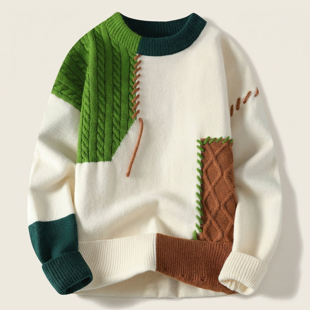 Men’s Sweater Crew Neck Asymmetric Patchwork Design