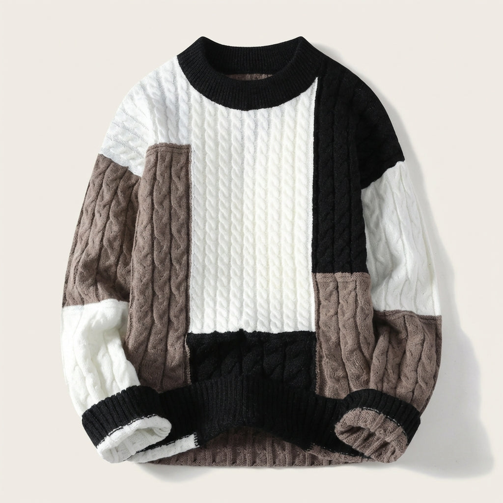 Men’s Sweater Crew Neck Geometric Patchwork Design
