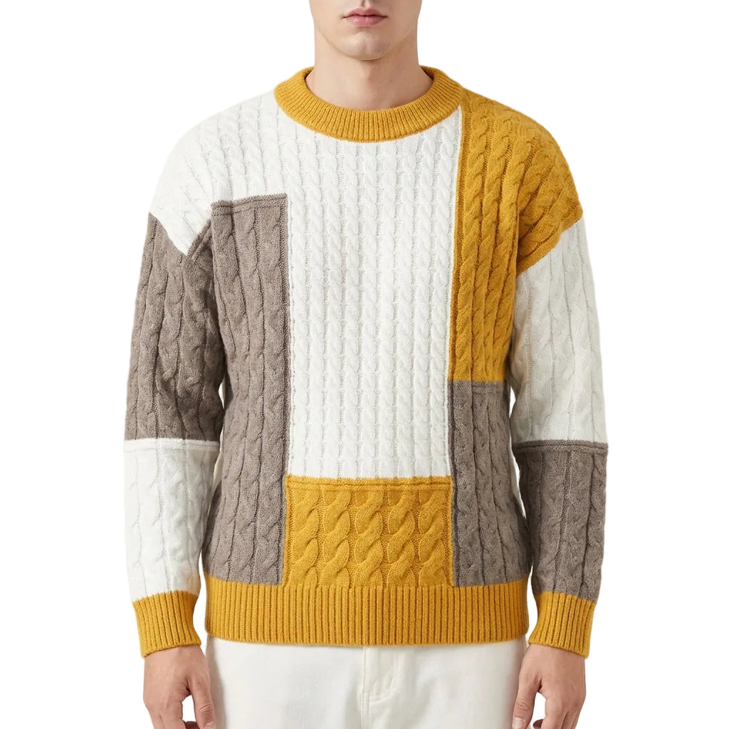 Men’s Sweater Crew Neck Geometric Patchwork Design