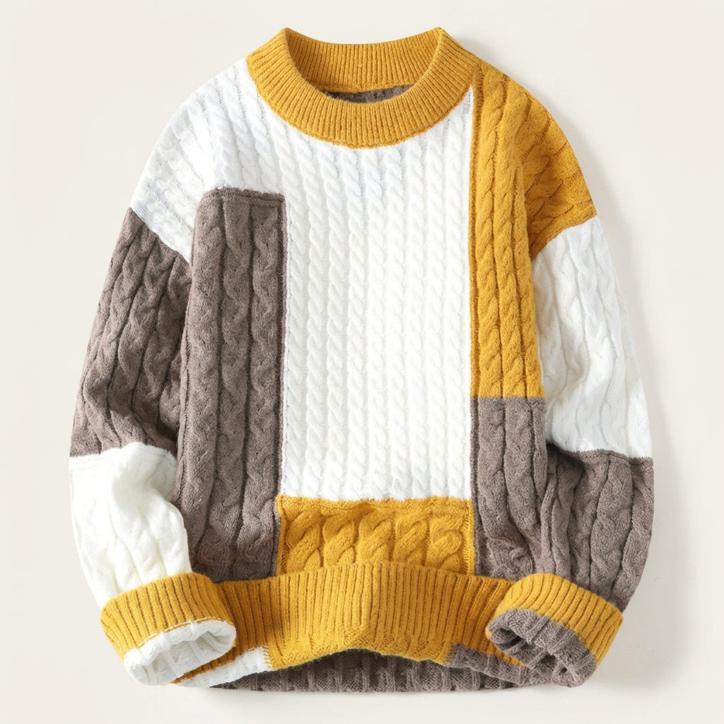 Men’s Sweater Crew Neck Geometric Patchwork Design