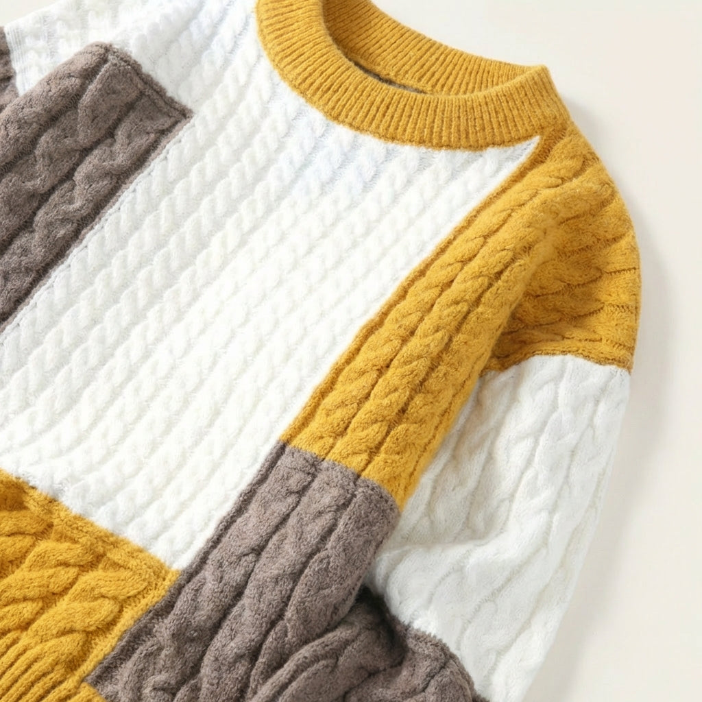 Men’s Sweater Crew Neck Geometric Patchwork Design