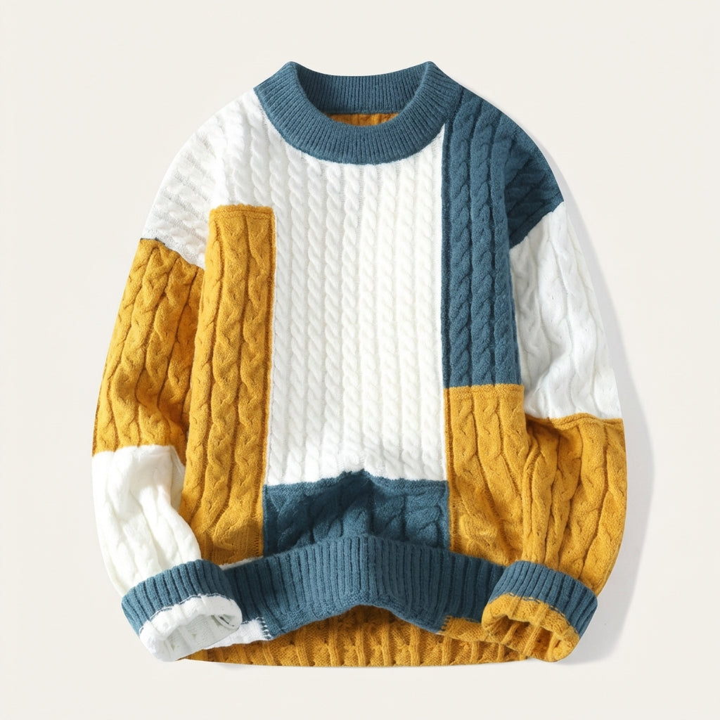 Men’s Sweater Crew Neck Geometric Patchwork Design