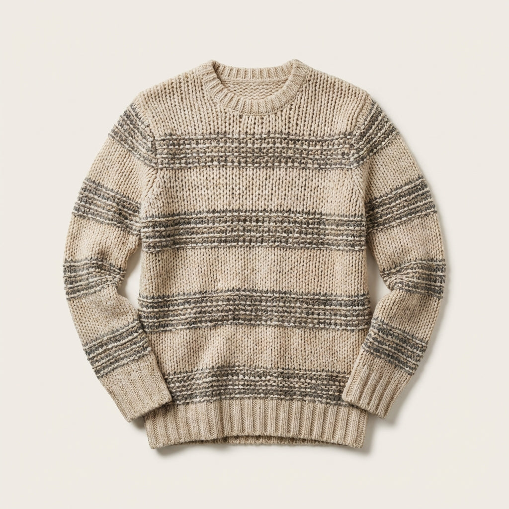 Herrenpullover mit Rundhalsausschnitt und horizontalen Patentstrick-Einsätzen