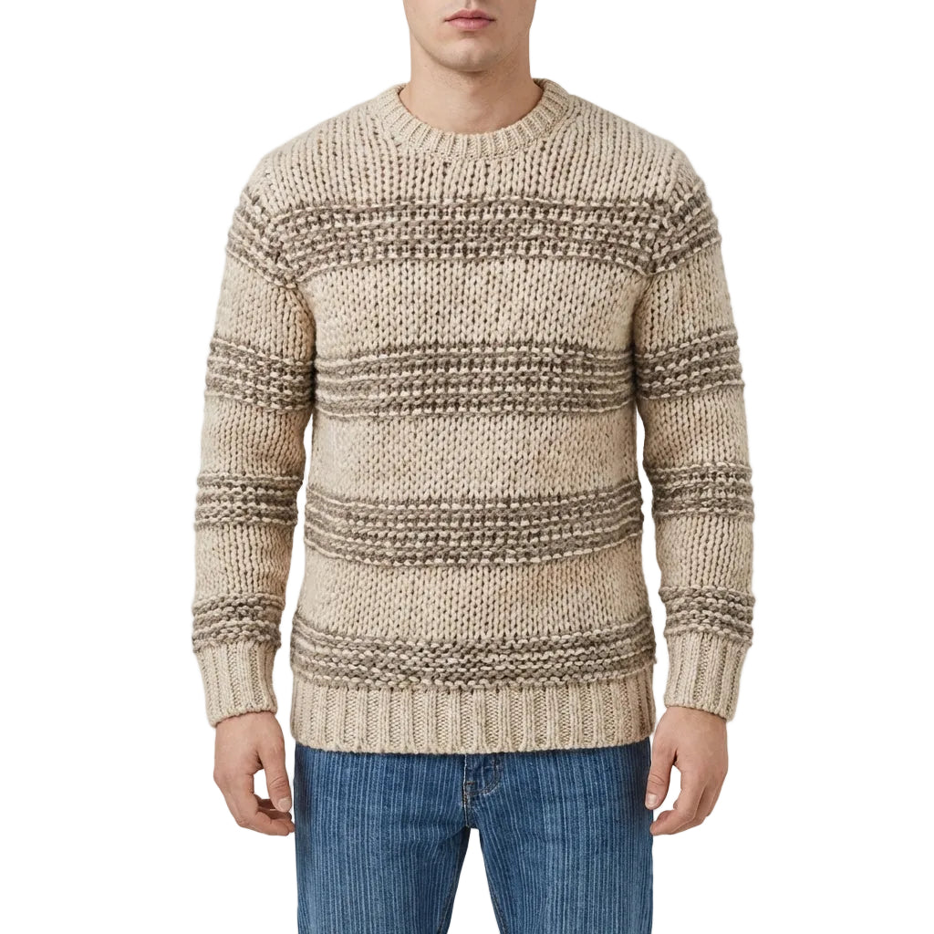 Herrenpullover mit Rundhalsausschnitt und horizontalen Patentstrick-Einsätzen