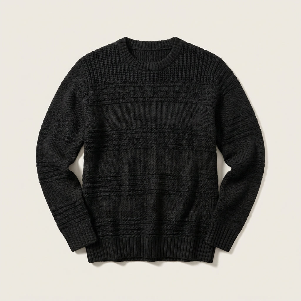 Herrenpullover mit Rundhalsausschnitt und horizontalen Patentstrick-Einsätzen