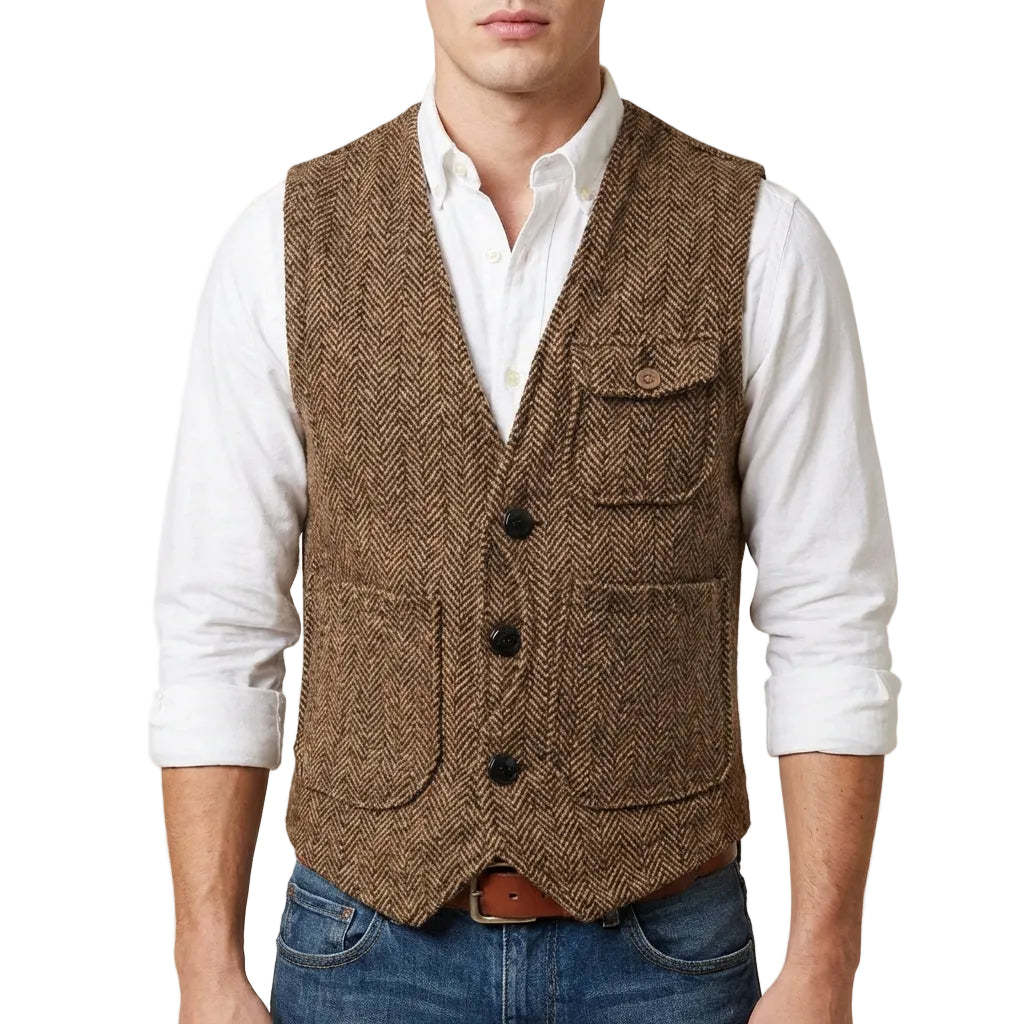 Men’s Vest Herringbone Pattern and Single Breasted Button Closure