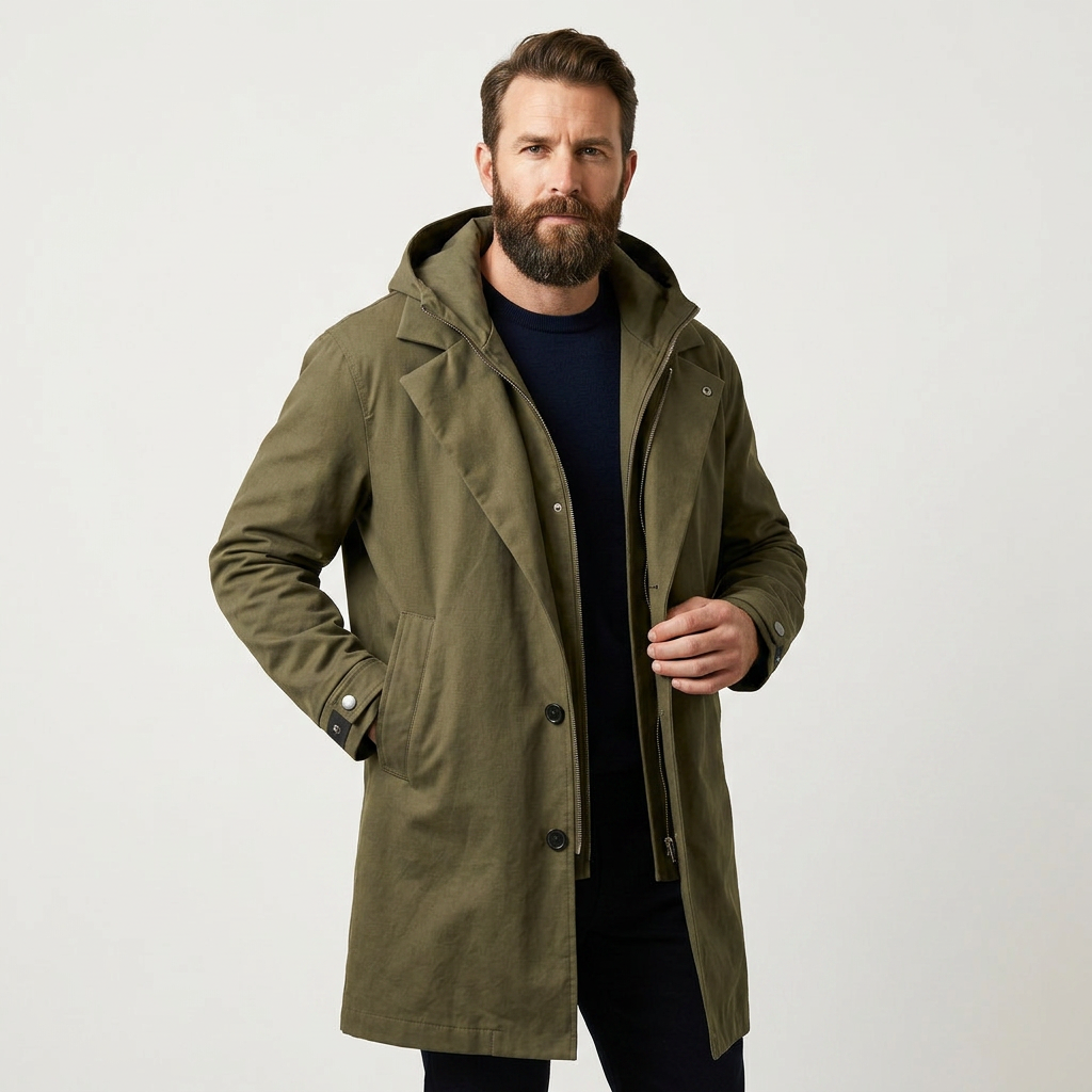 Men's Zip-Front Hooded Overcoat with Button Closure