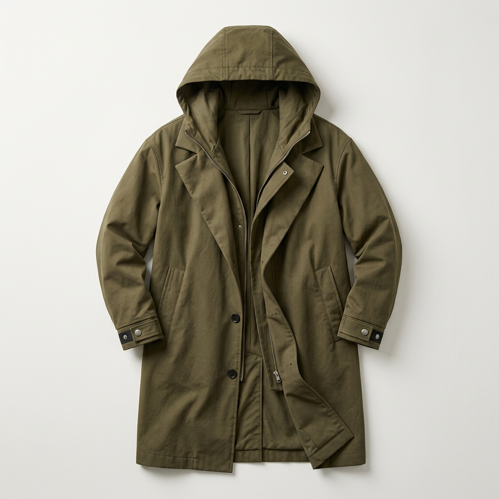 Men's Zip-Front Hooded Overcoat with Button Closure