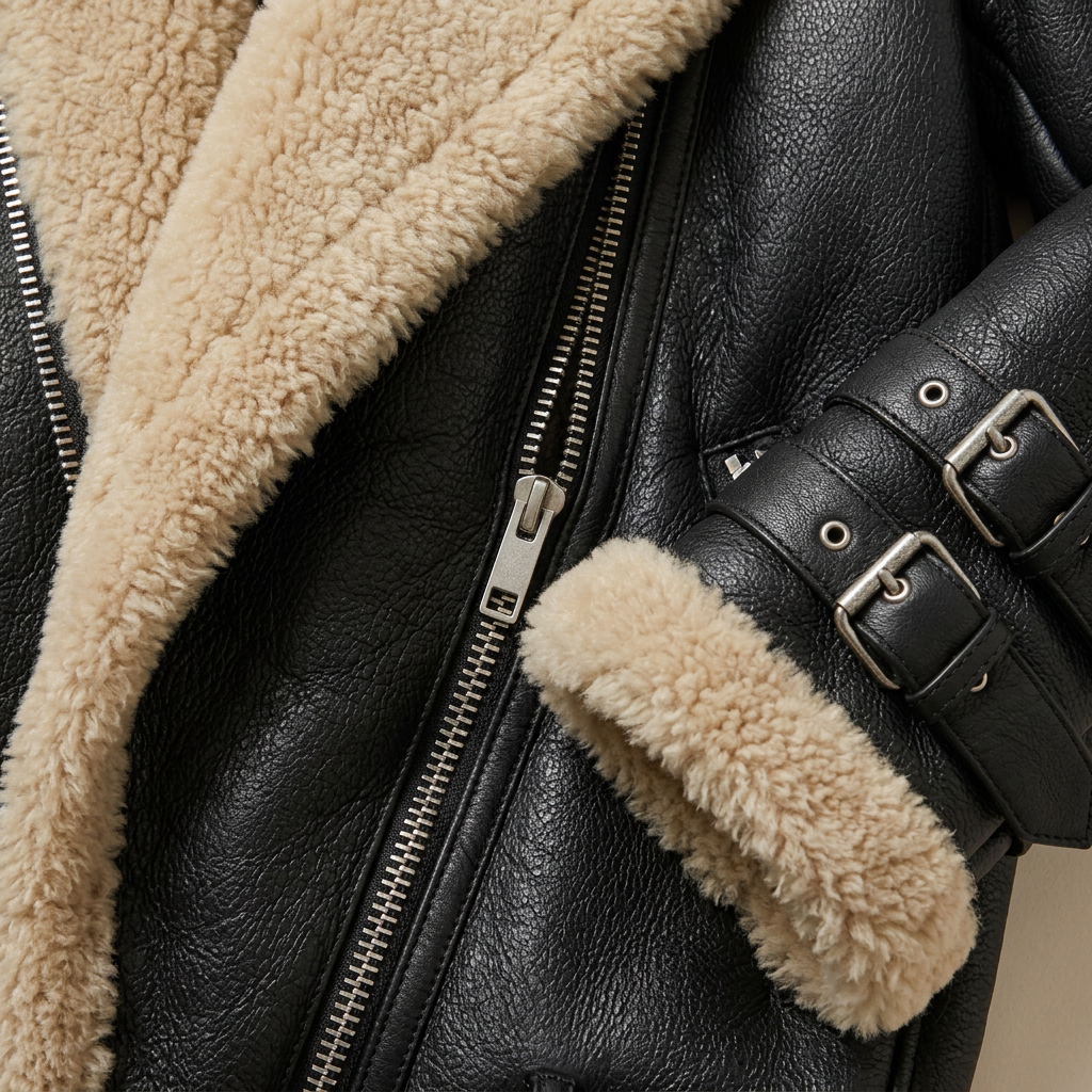 Women’s Aviator Jacket Front Zipper Closure Sleeve Buckles
