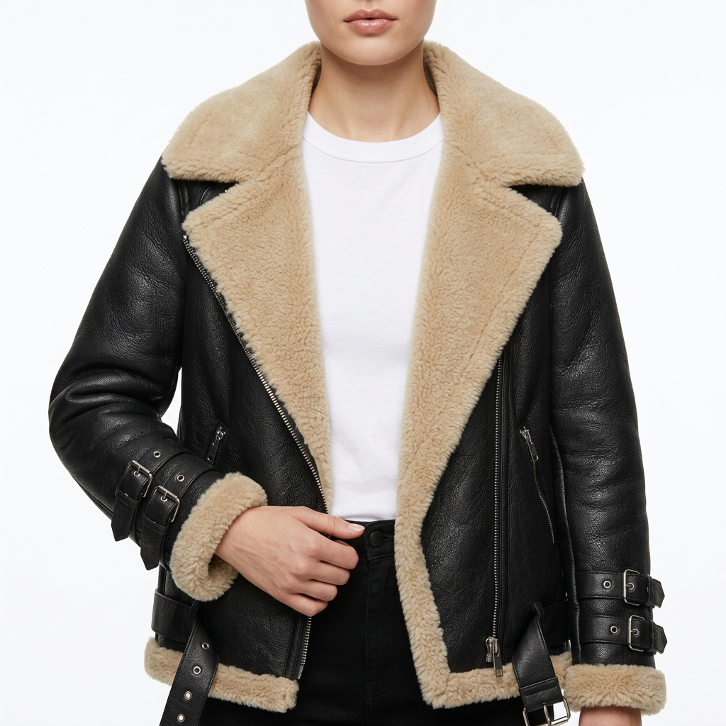Women’s Aviator Jacket Front Zipper Closure Sleeve Buckles