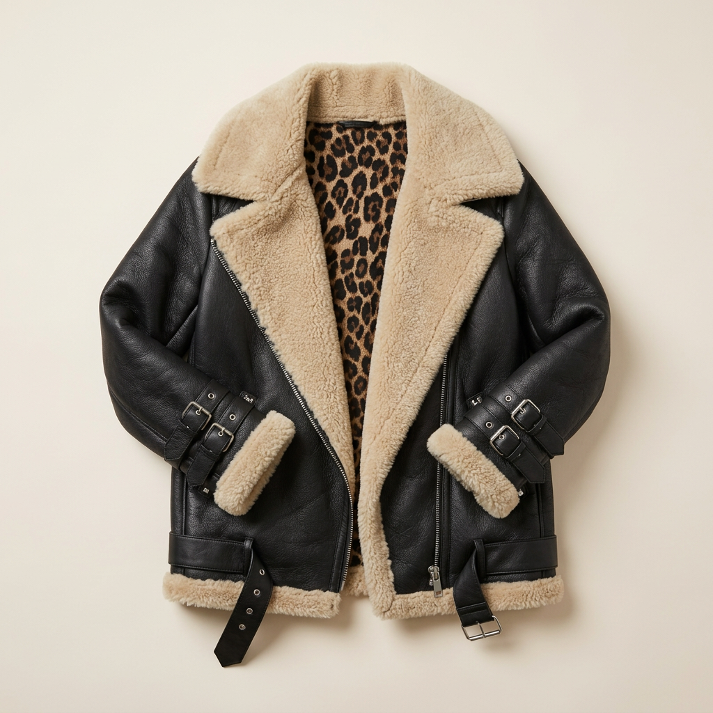 Women’s Aviator Jacket Front Zipper Closure Sleeve Buckles