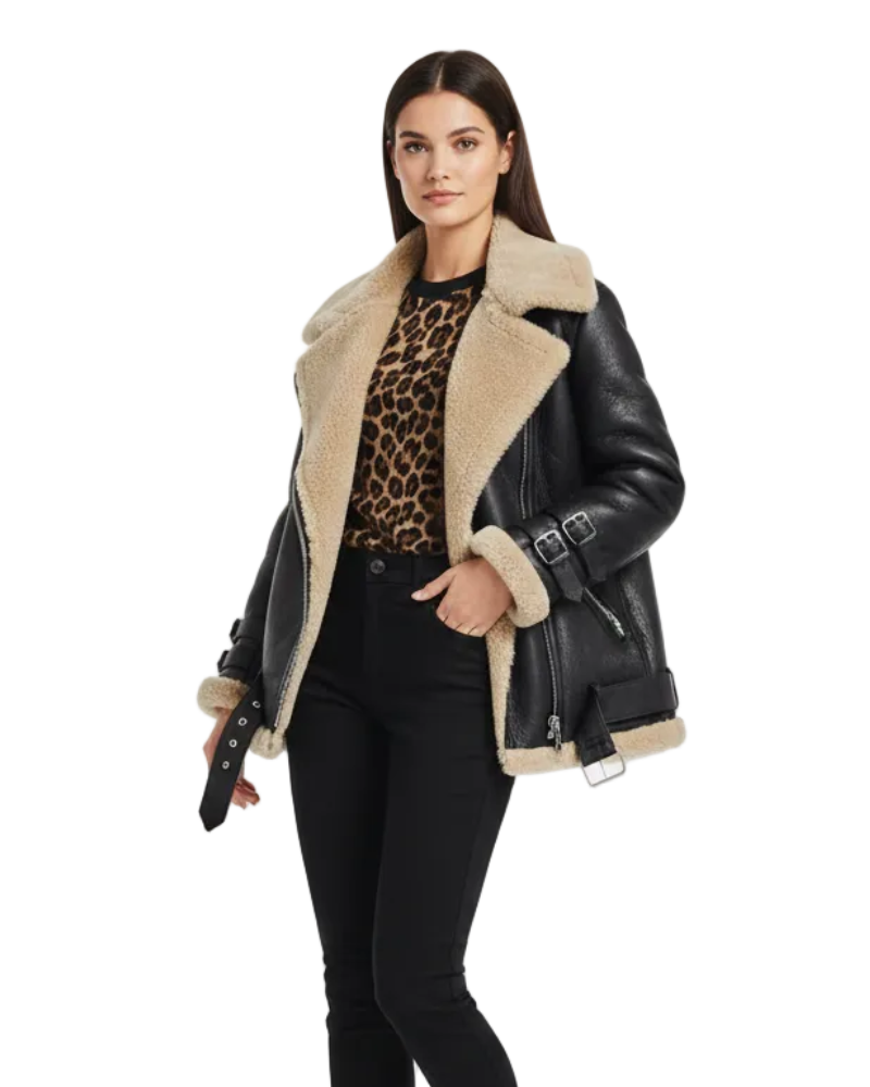 Avanna Women's Shearling Aviator Jacket – Warm Aviator Coat with Teddy Lining & Leather Details 0