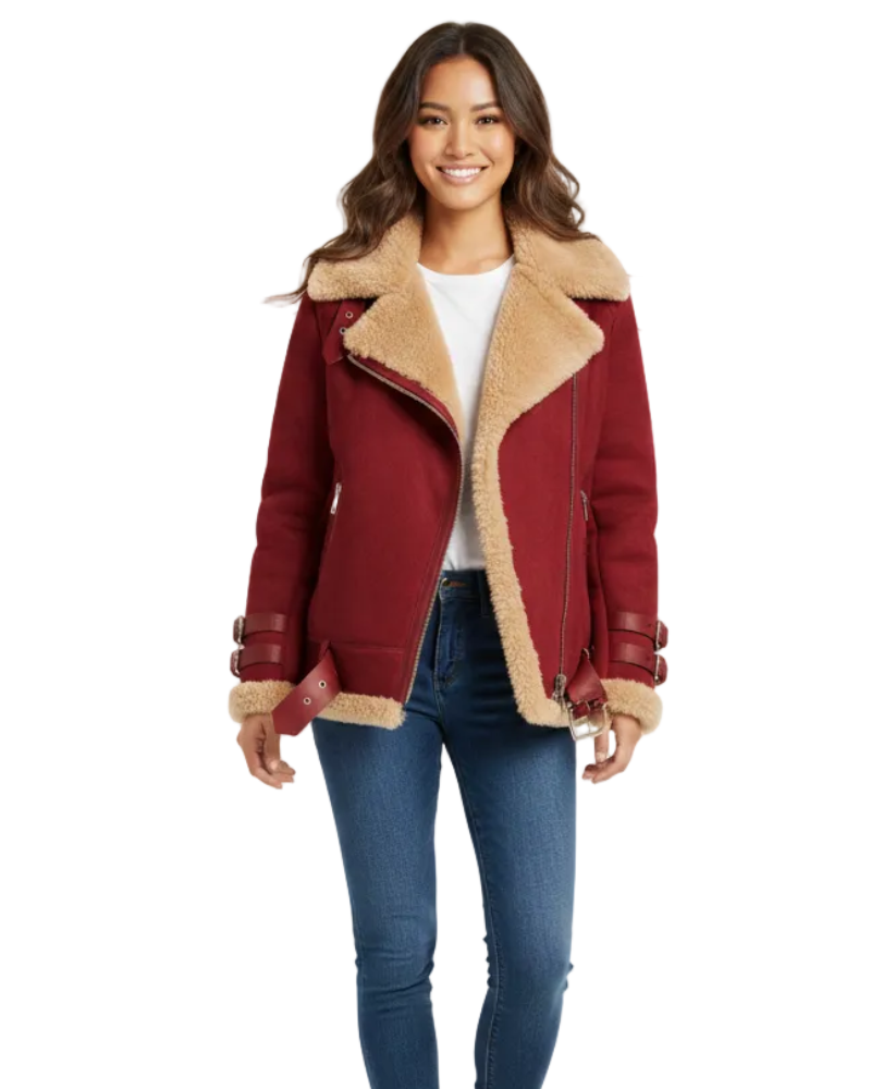 Avanna Women's Shearling Aviator Jacket – Warm Aviator Coat with Teddy Lining & Leather Details 1