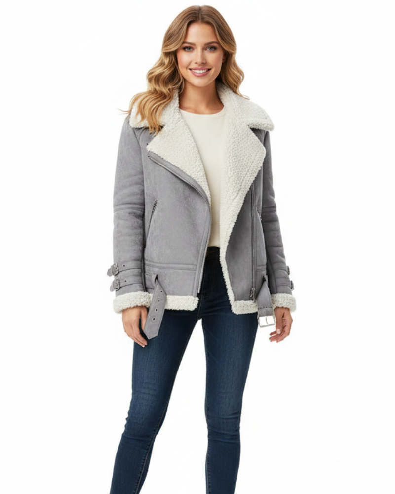 Avanna Women's Shearling Aviator Jacket – Warm Aviator Coat with Teddy Lining & Leather Details 2