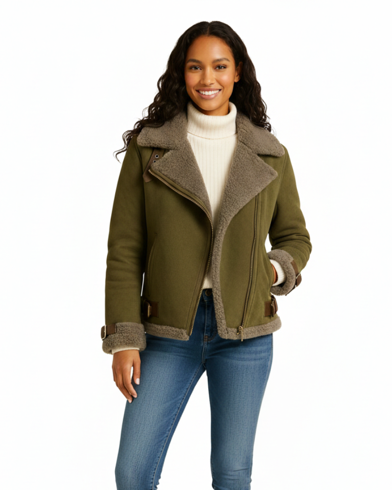 Avanna Women's Shearling Aviator Jacket – Warm Aviator Coat with Teddy Lining & Leather Details 3