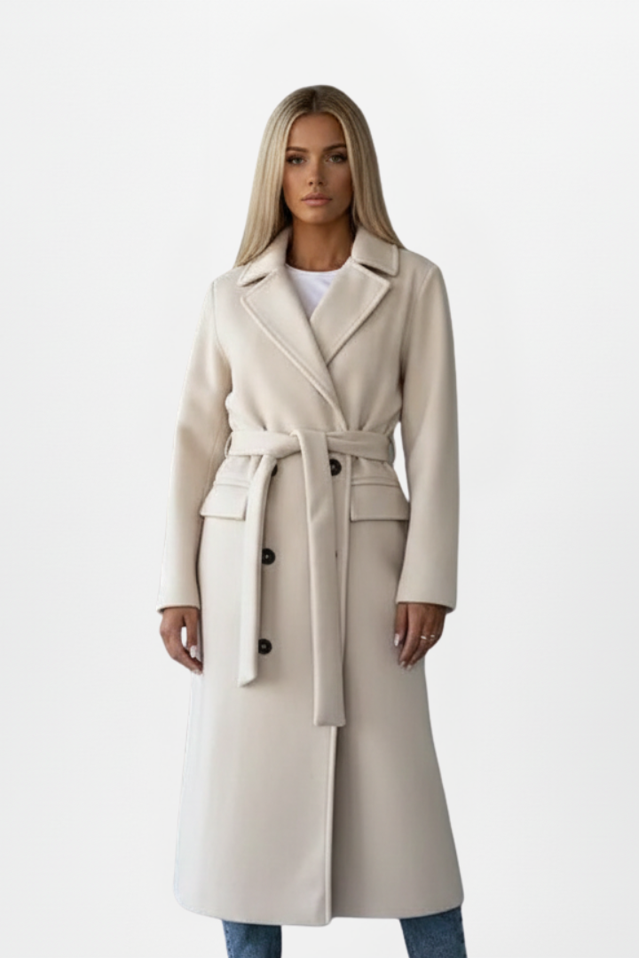 Women’s Long Coat with Belt and Double-Breasted Front 0