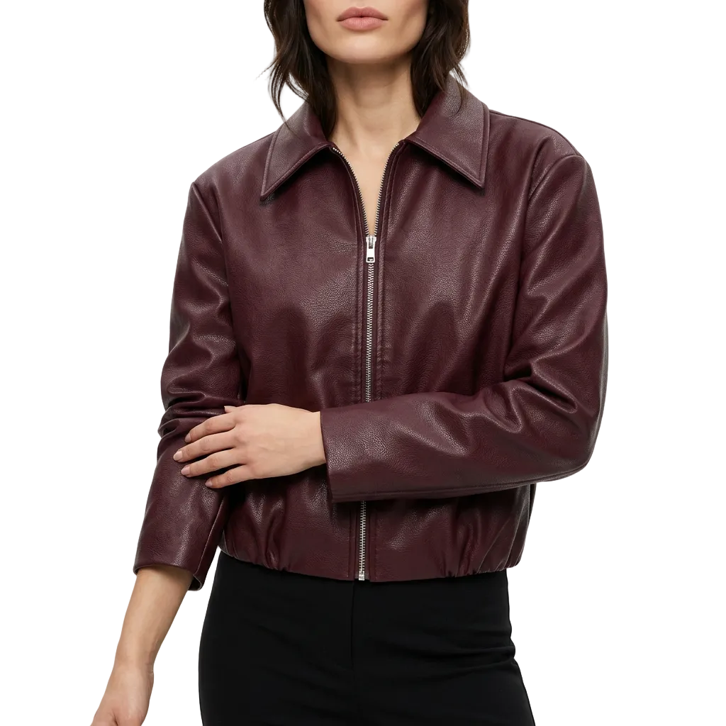 Women’s Bomber Jacket Point Collar Front Zipper Closure