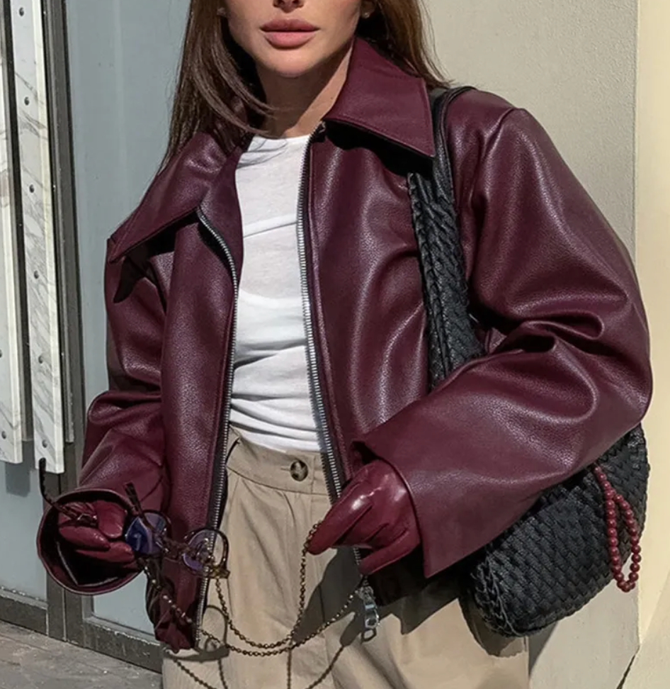 Celeste Women's Faux Leather Bomber Jacket – Trendy Oversized Fit with Classic Collar 0