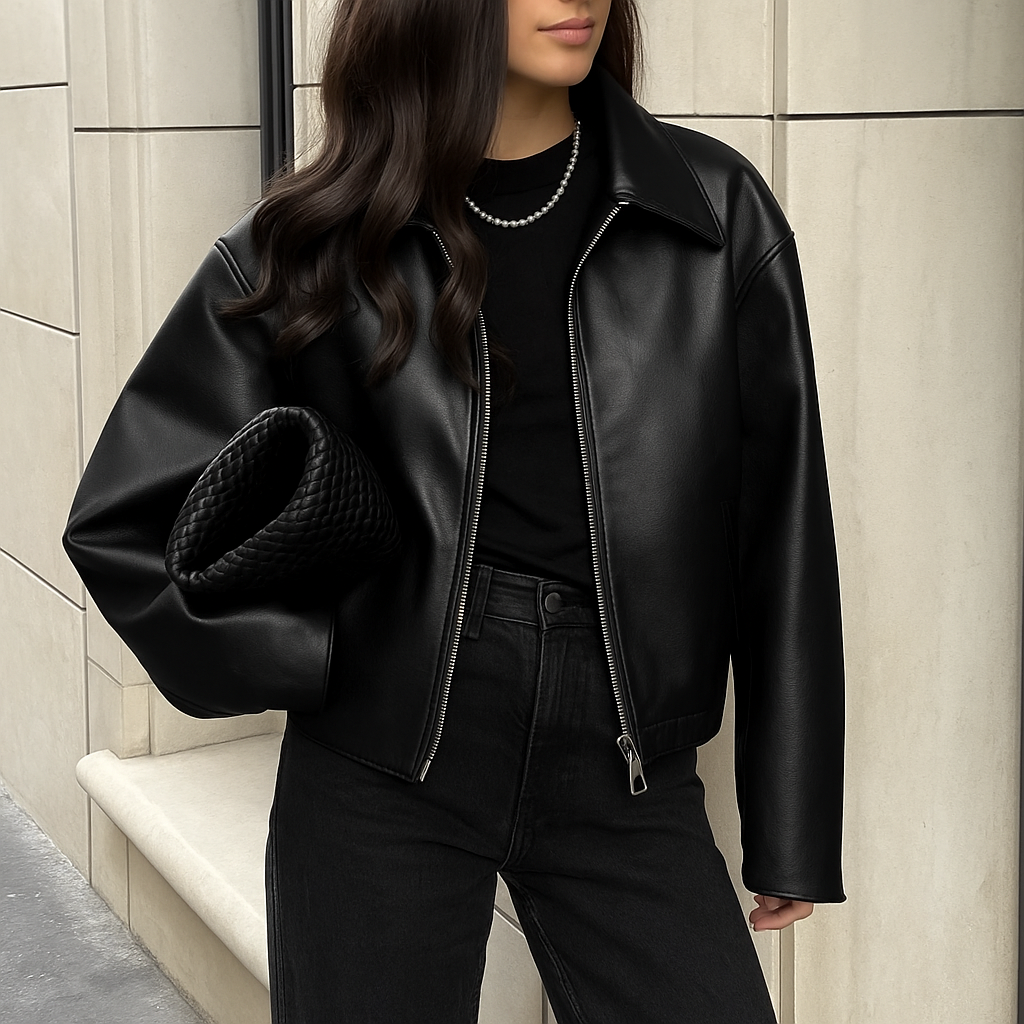 Celeste Women's Faux Leather Bomber Jacket – Trendy Oversized Fit with Classic Collar 1