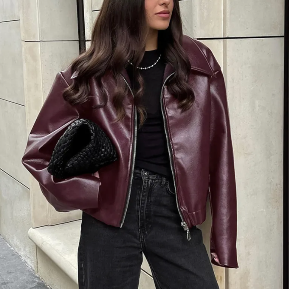 Celeste Women's Faux Leather Bomber Jacket – Trendy Oversized Fit with Classic Collar 2
