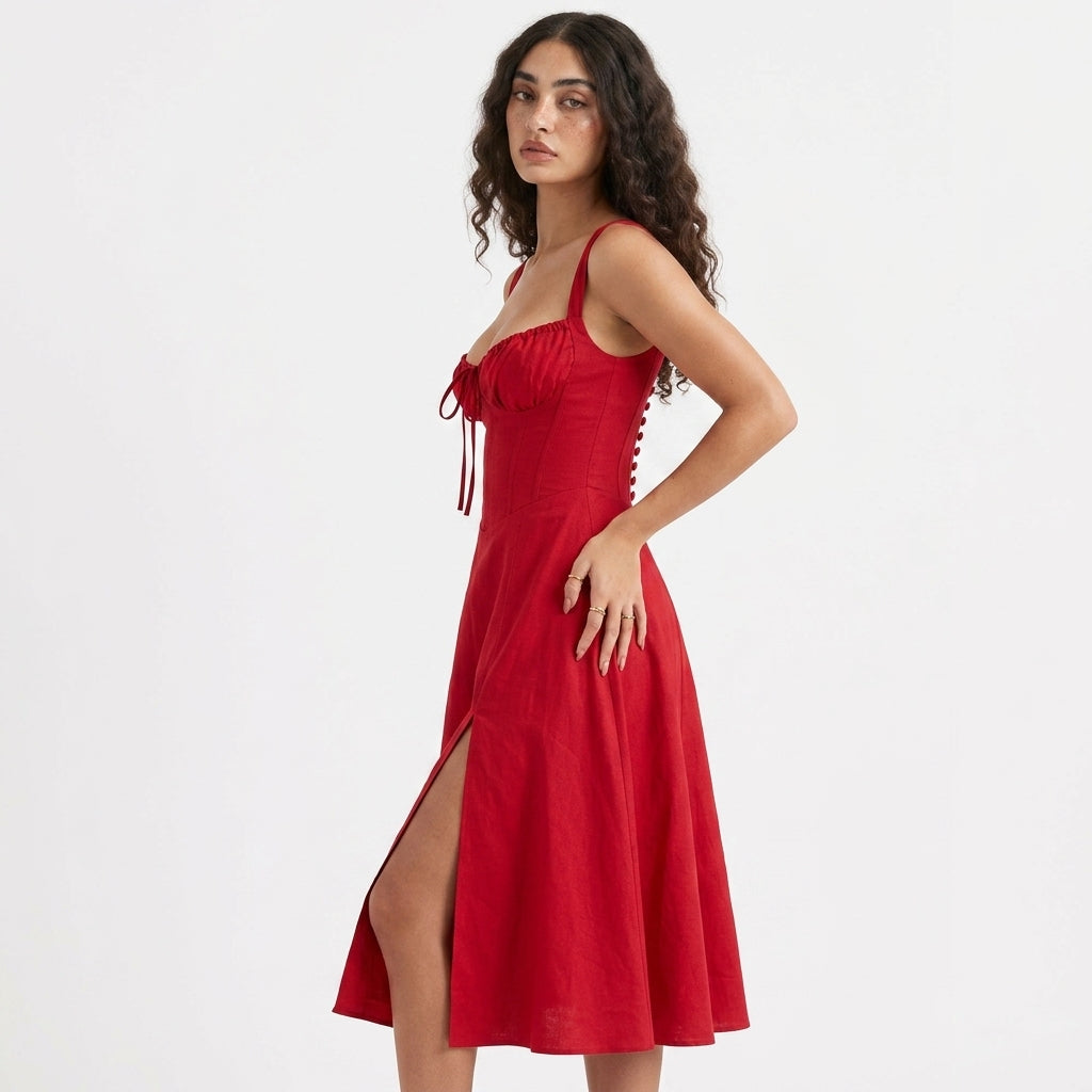 Women's Bustier Corset Midi Dress Boning Tie Front Skirt