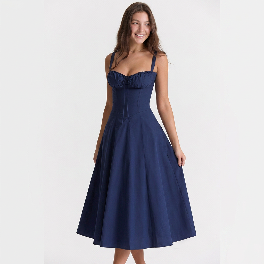 Women's Bustier Corset Midi Dress Boning Tie Front Skirt