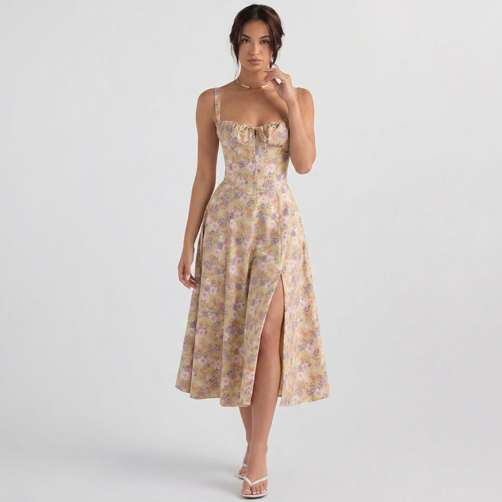 Women's Bustier Corset Midi Dress Boning Tie Front Skirt