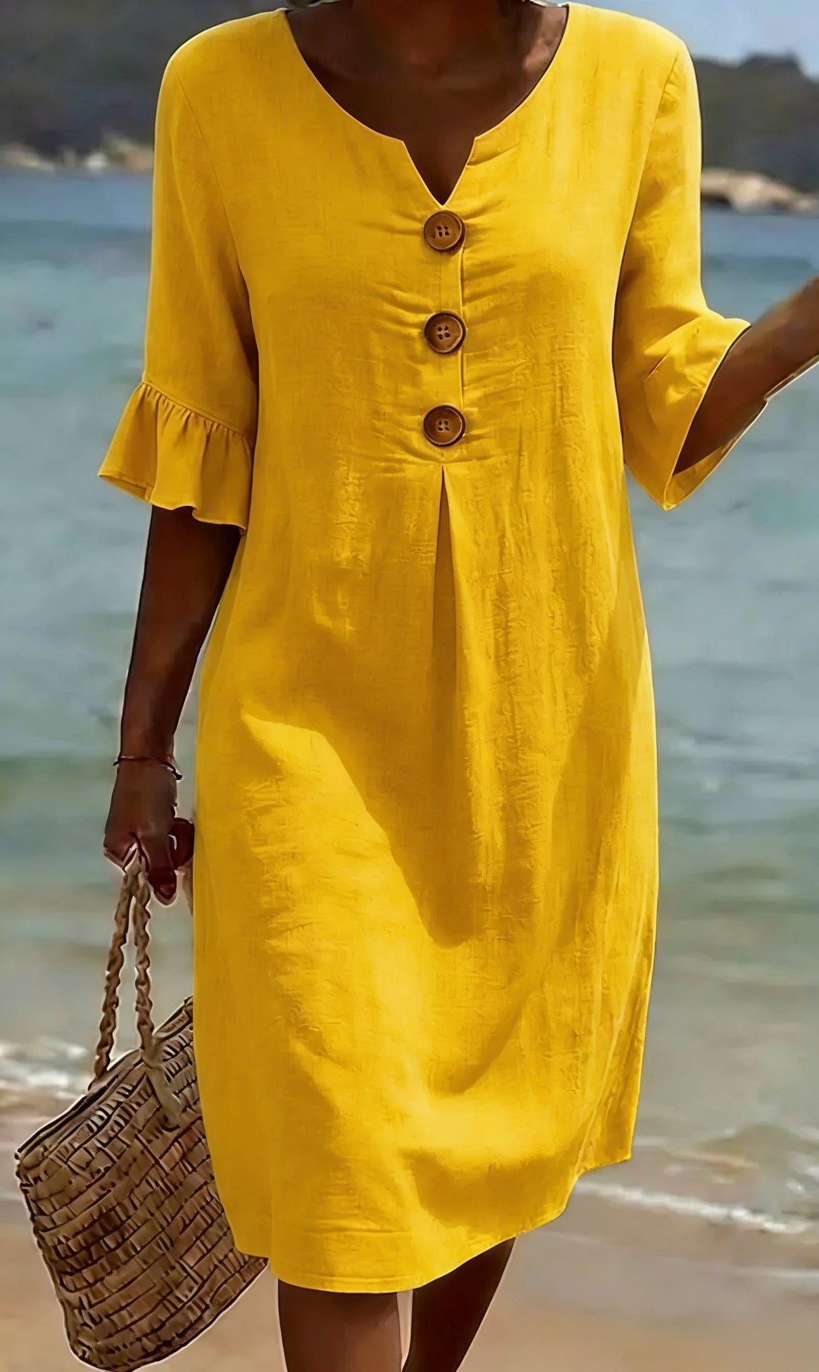 Women's Cotton Linen Button-Down Dress with Ruffled Sleeves, Summer Style 6