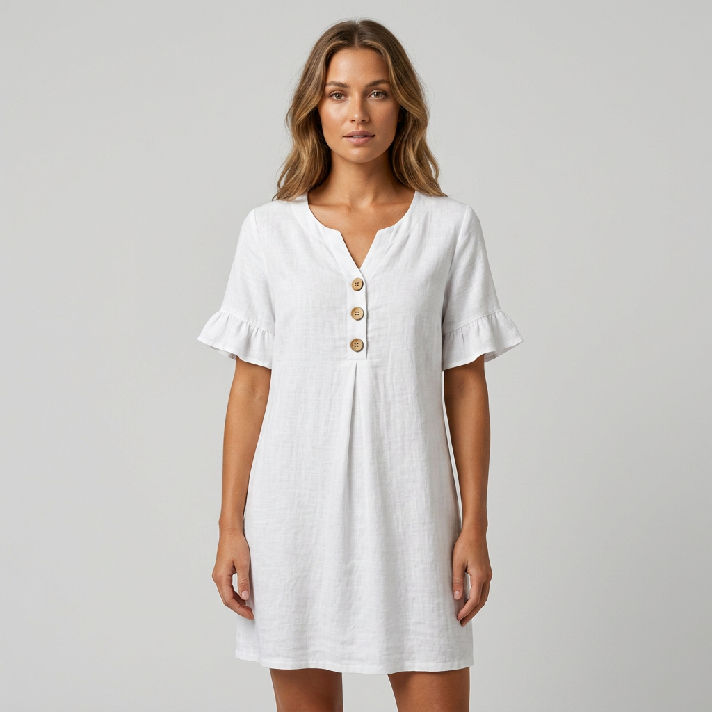 Women's Button Front Dress with Ruffle Sleeves