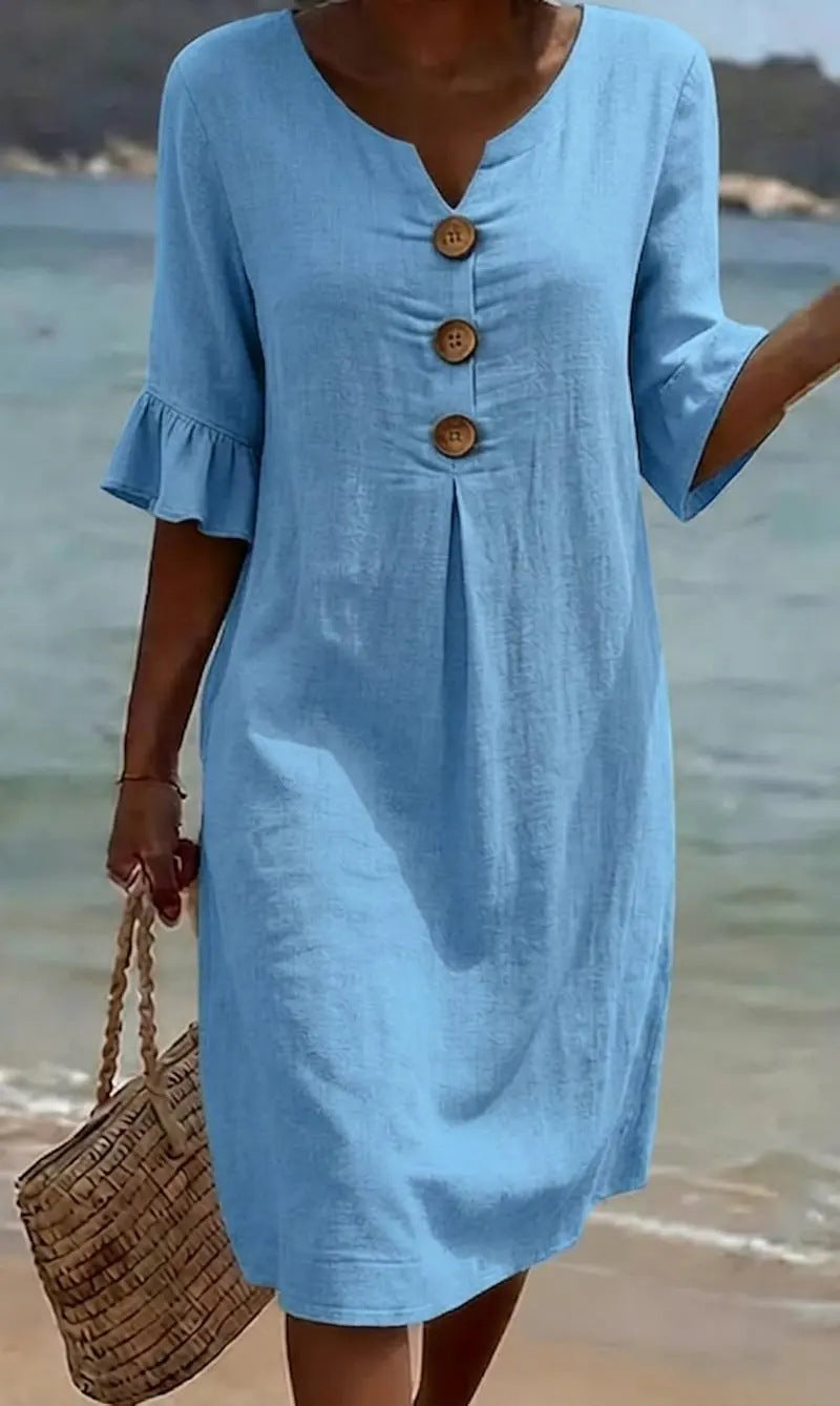Women's Cotton Linen Button-Down Dress with Ruffled Sleeves, Summer Style 5