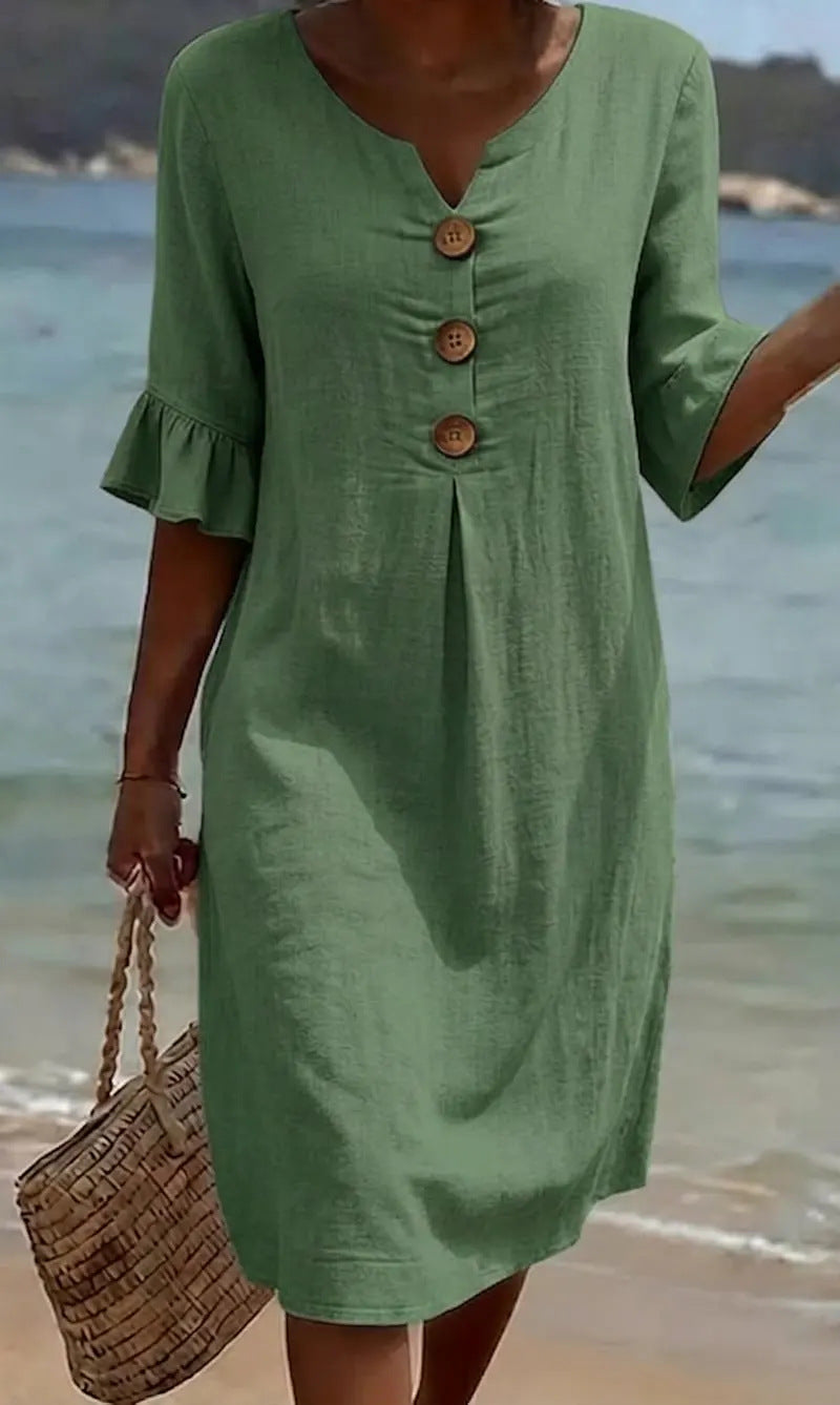 Women's Cotton Linen Button-Down Dress with Ruffled Sleeves, Summer Style 7