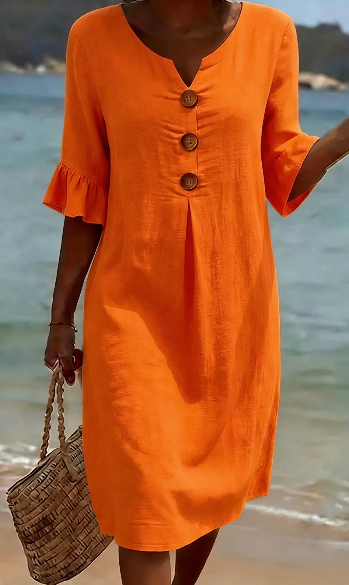 Women's Cotton Linen Button-Down Dress with Ruffled Sleeves, Summer Style 8