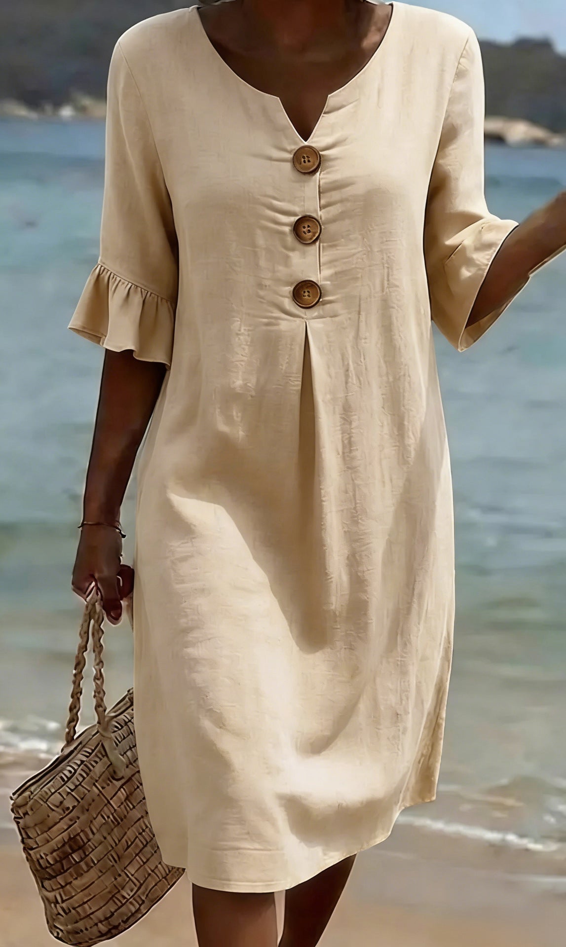 Women's Cotton Linen Button-Down Dress with Ruffled Sleeves, Summer Style 9