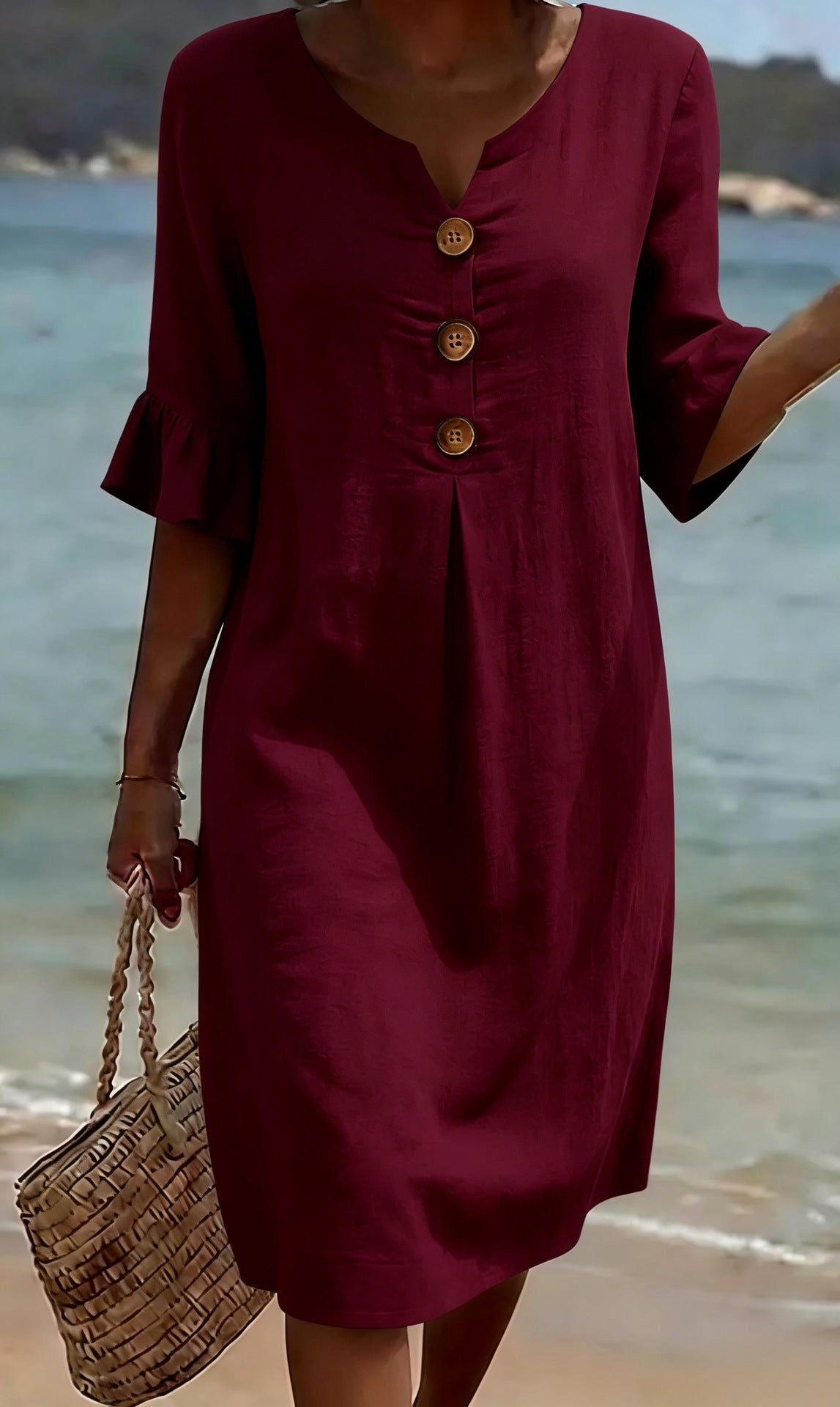 Women's Cotton Linen Button-Down Dress with Ruffled Sleeves, Summer Style 10
