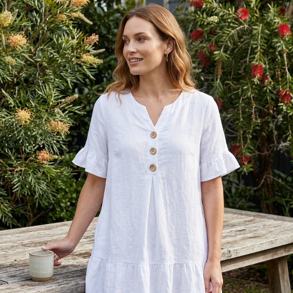 Women's Button Front Dress with Ruffle Sleeves