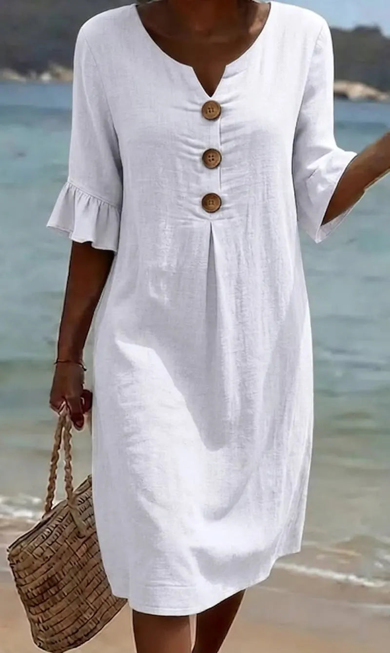 Women's Cotton Linen Button-Down Dress with Ruffled Sleeves, Summer Style 0