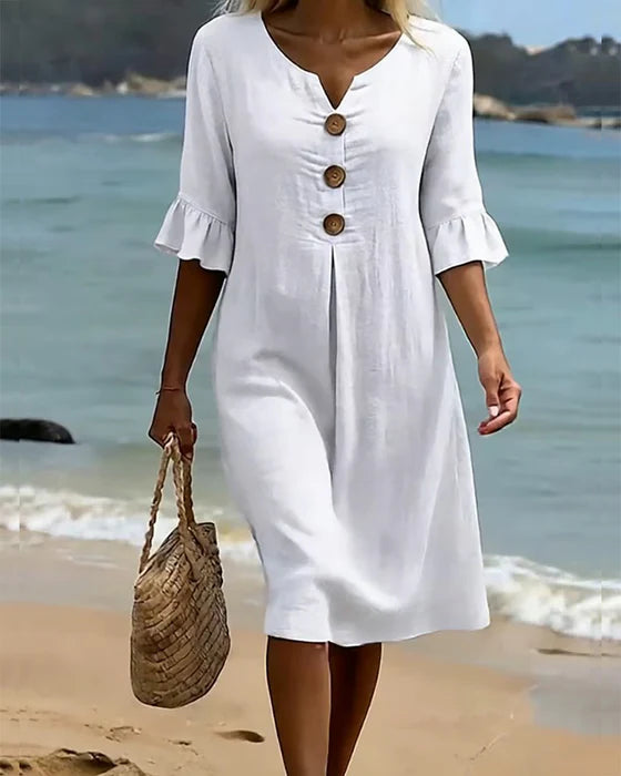 Women's Cotton Linen Button-Down Dress with Ruffled Sleeves, Summer Style 1
