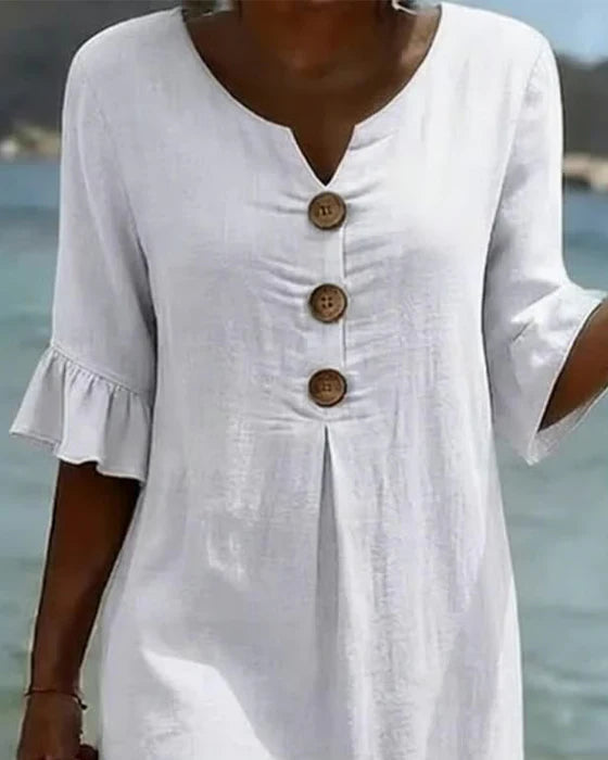 Women's Cotton Linen Button-Down Dress with Ruffled Sleeves, Summer Style 2