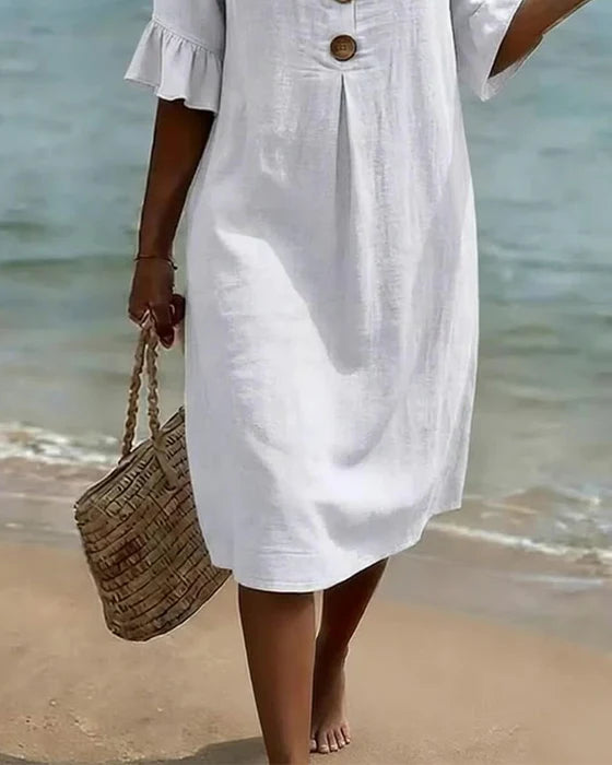 Women's Cotton Linen Button-Down Dress with Ruffled Sleeves, Summer Style 3