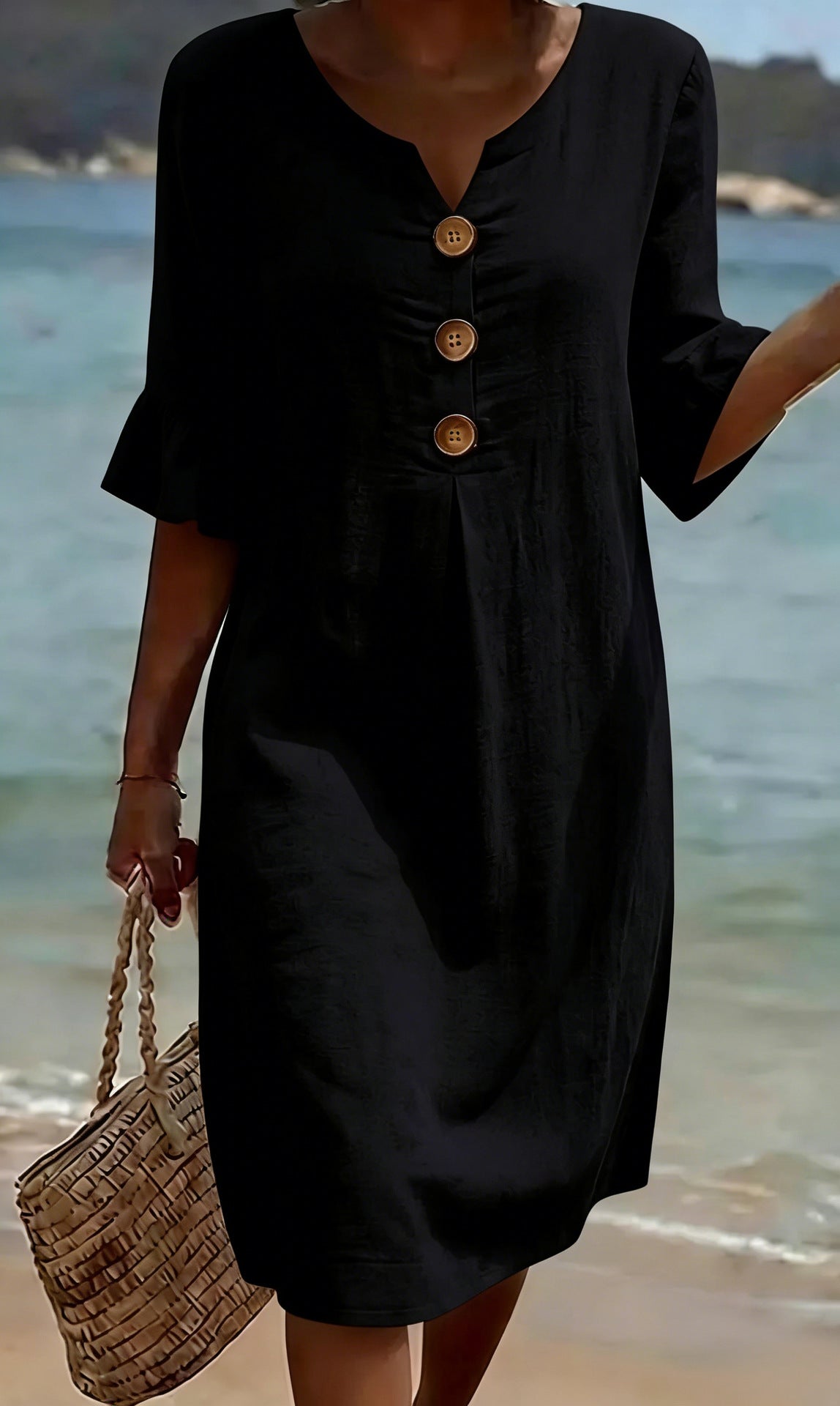 Women's Cotton Linen Button-Down Dress with Ruffled Sleeves, Summer Style 4