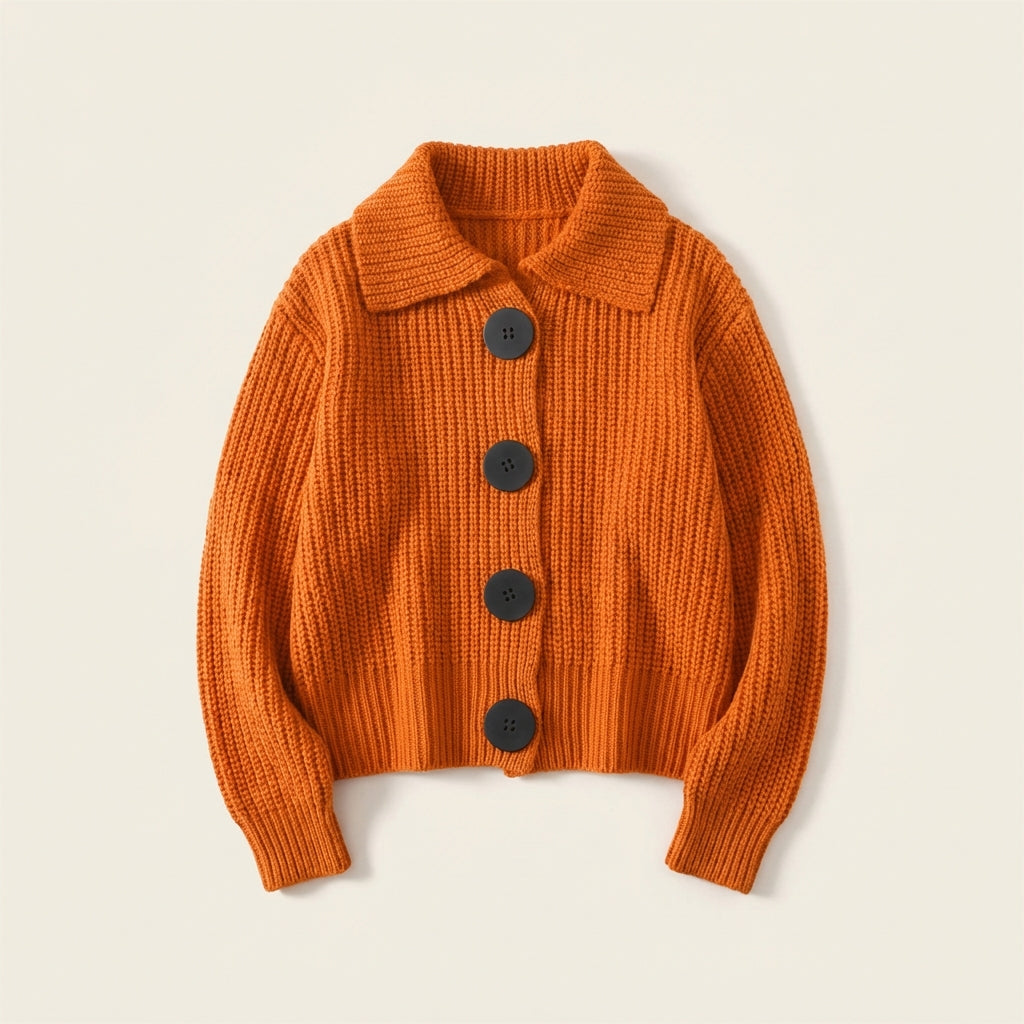 Women’s Cardigan Flat Polo Collar and Oversized Button Closure