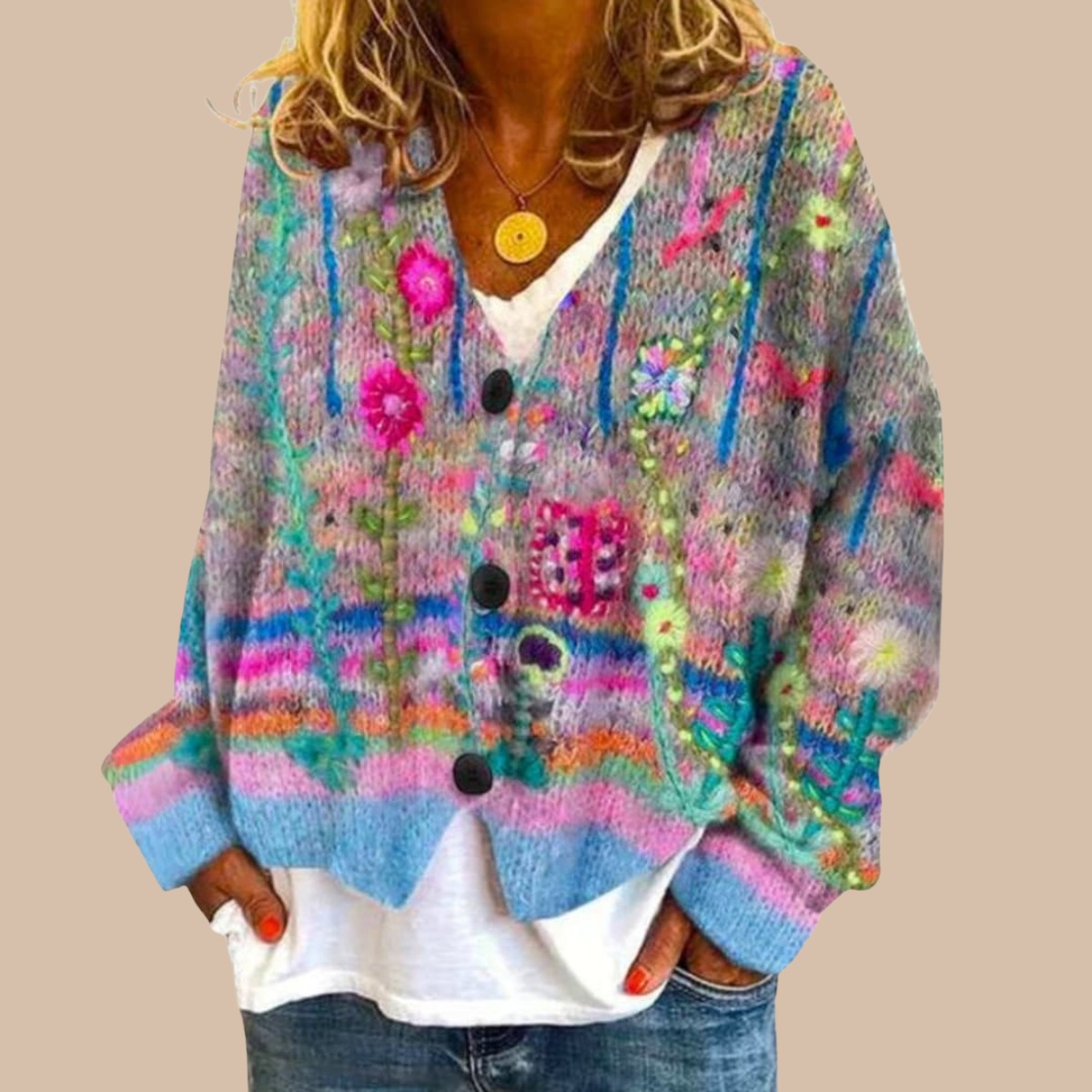 Women’s Knit Cardigan with Button Front and Patterned Design 0