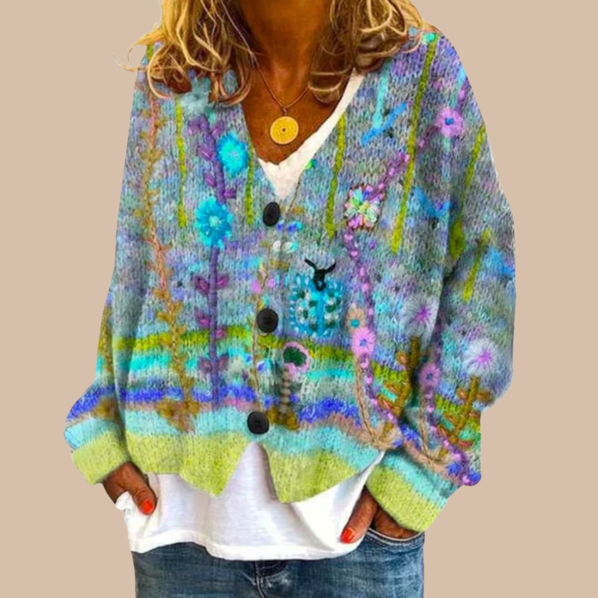 Women’s Knit Cardigan with Button Front and Patterned Design 2