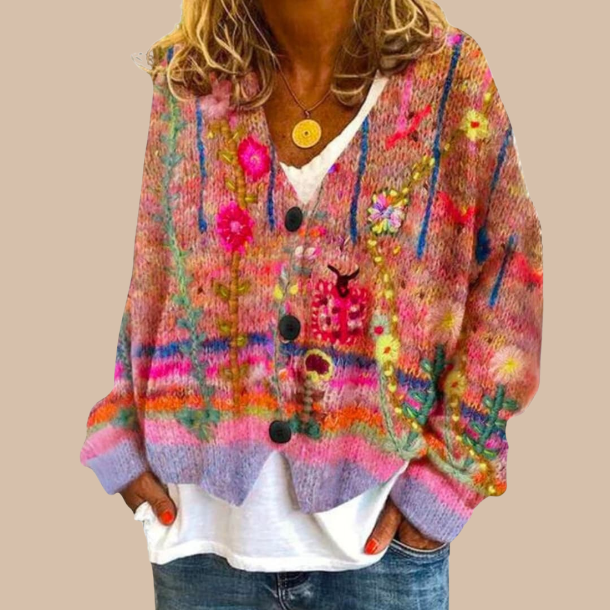 Women’s Knit Cardigan with Button Front and Patterned Design 3