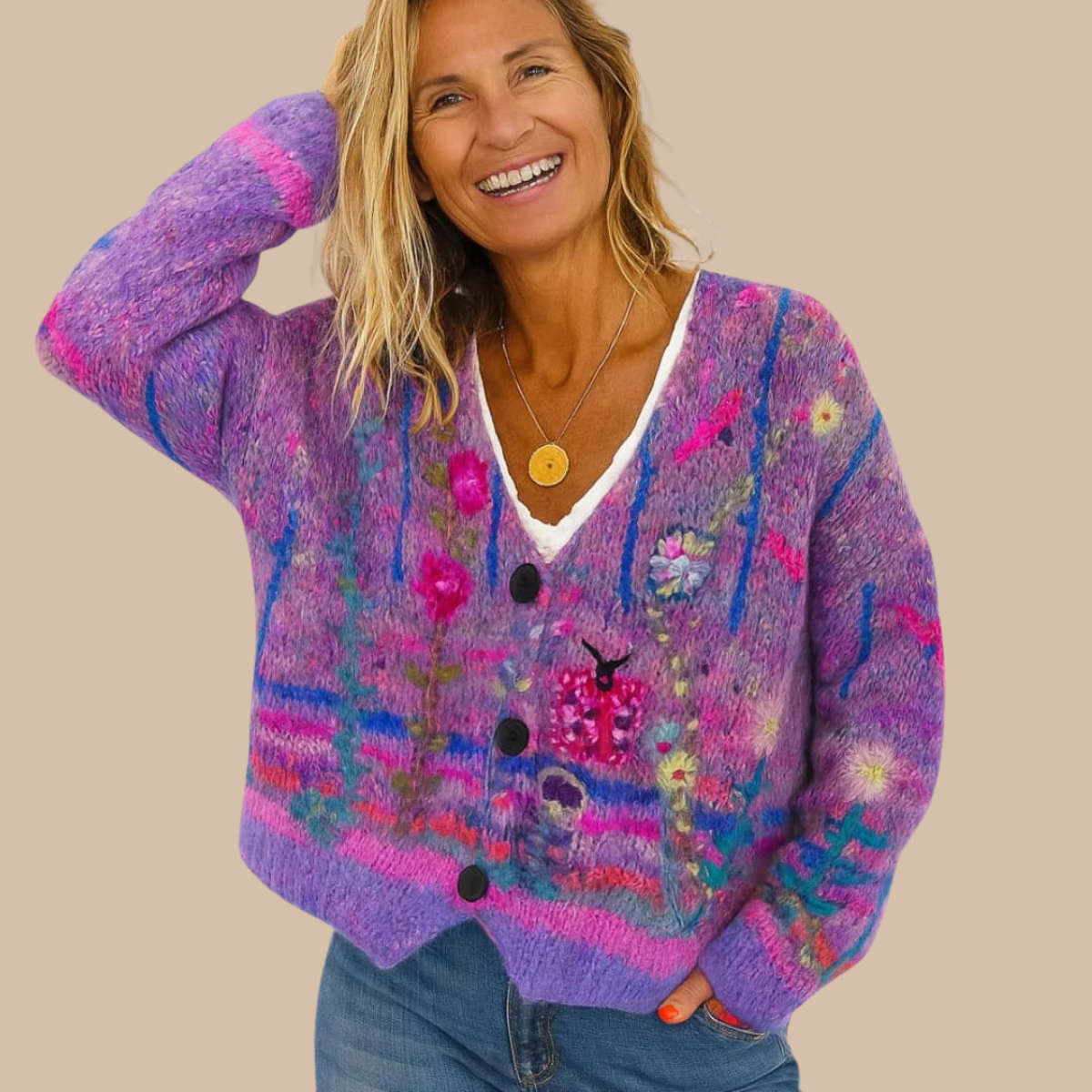 Women’s Knit Cardigan with Button Front and Patterned Design 4