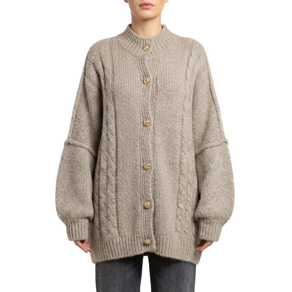 Women’s Cardigan Mock Neckline and Braided Cable Stitch Details
