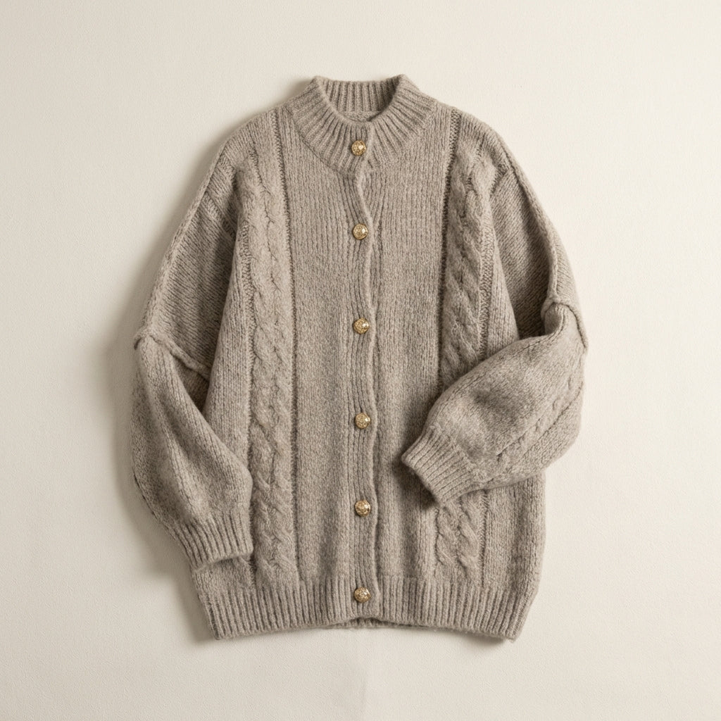 Women’s Cardigan Mock Neckline and Braided Cable Stitch Details