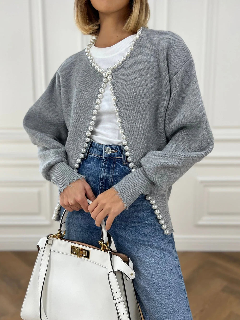 Women’s Cardigan - Open Front - Long Sleeve - Pearl Trim Detail - Distressed Hem 7